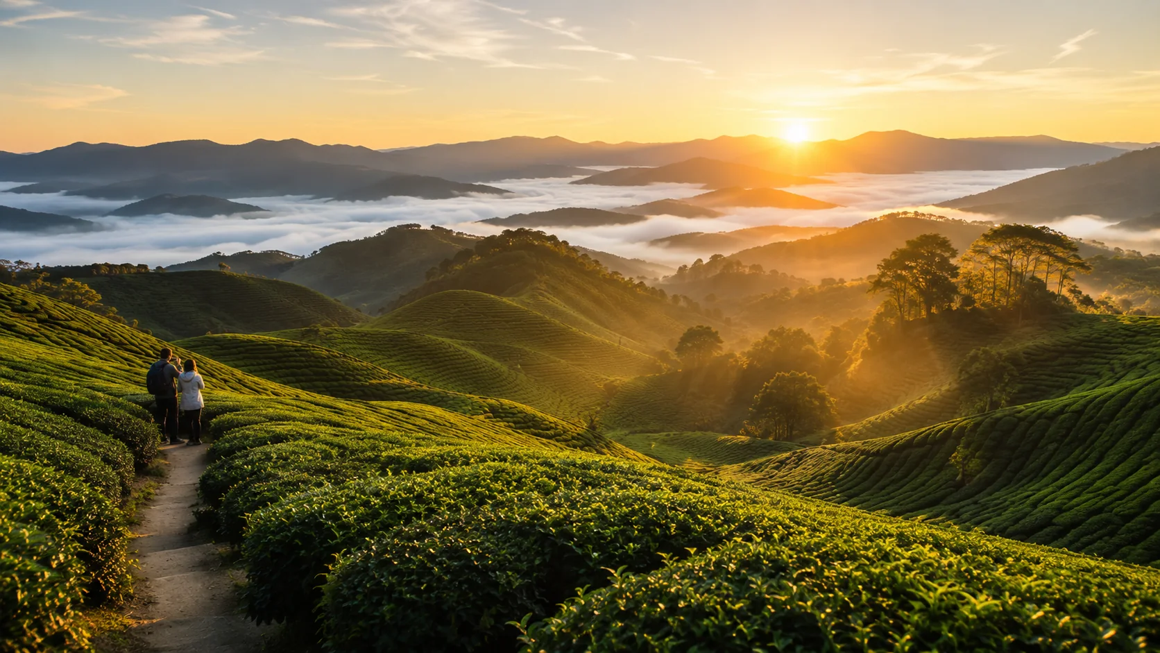 Cameron Highlands tea plantation at sunrise