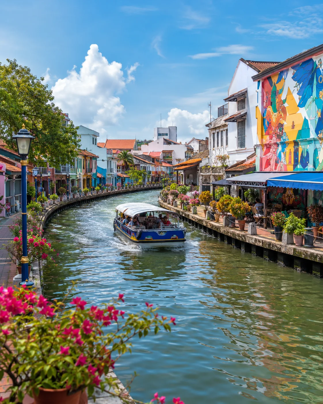 Colorful Malacca riverside canal with boat