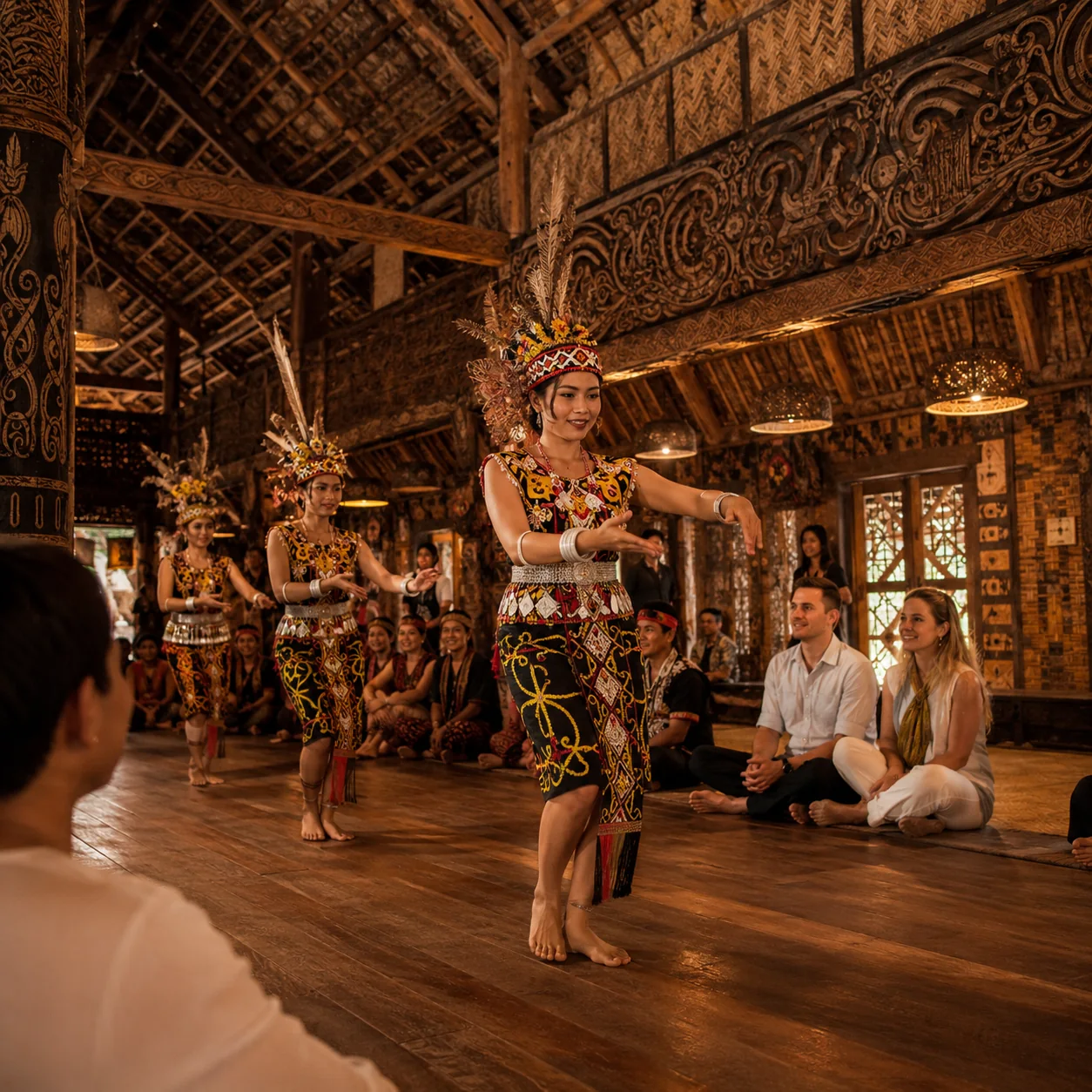 Traditional dance inside a Sarawak longhouse cultural hall