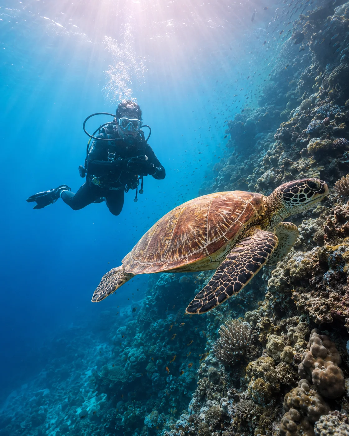 Diver and turtle near coral reef in Malaysia