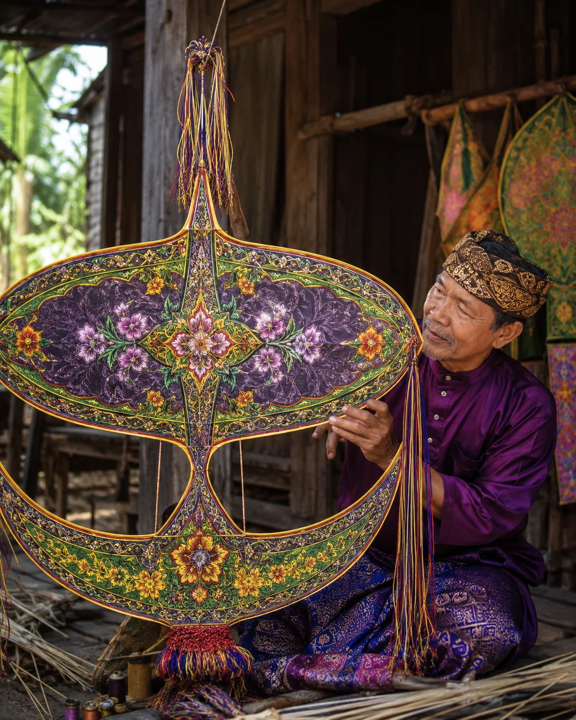 Kelantan artisan crafting a colorful Wau Bulan kite